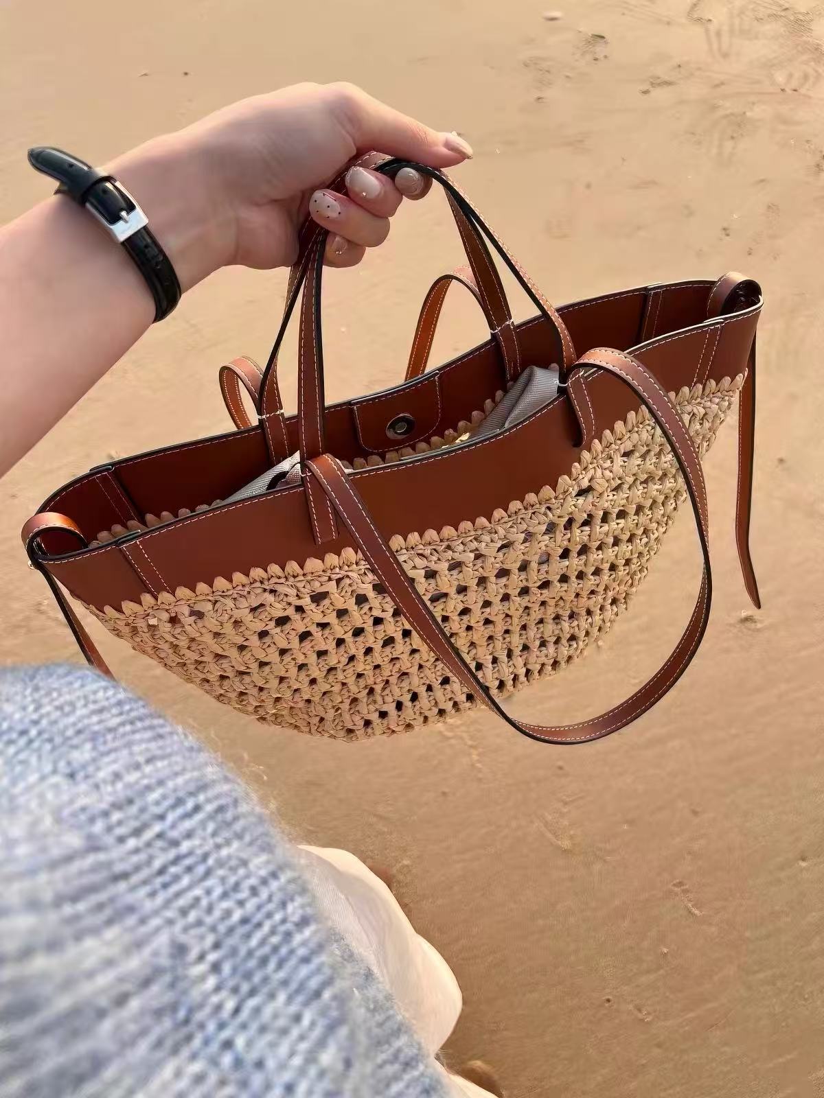 Women's Brown Woven Straw Cut-Out Shoulder Tote Bag with Leather Trim photo review
