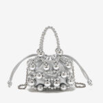 Women's Acrylic Beaded Hollow Evening Clutch Handbag with Chain Strap