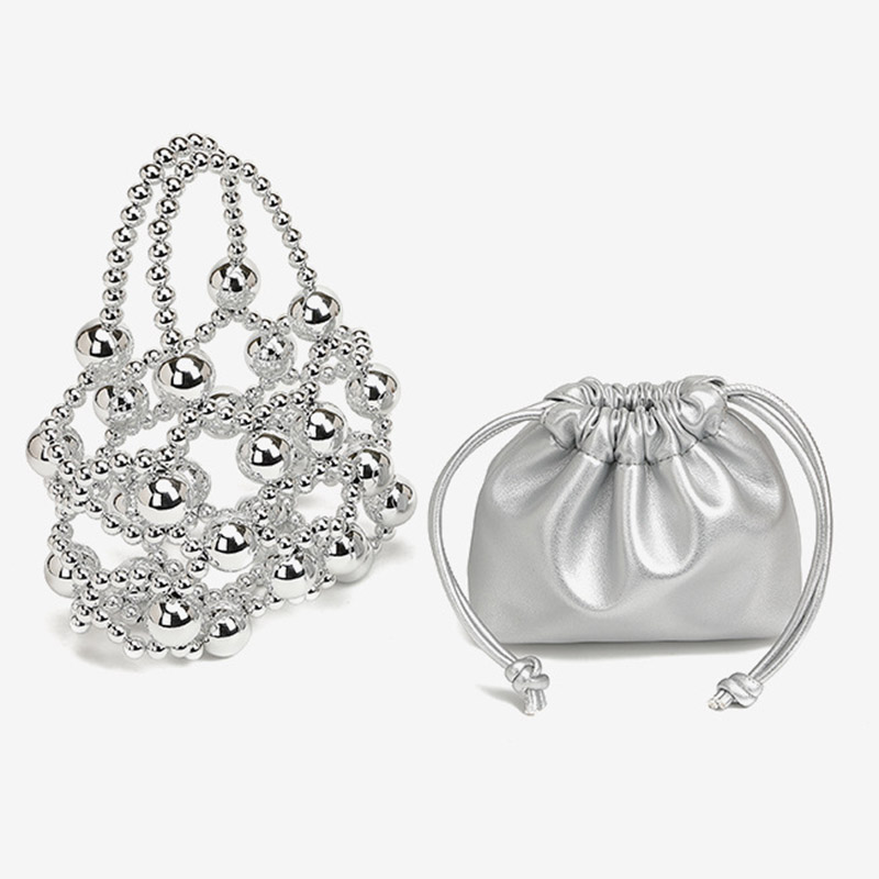 Women's Acrylic Beaded Hollow Evening Clutch Handbag with Chain Strap