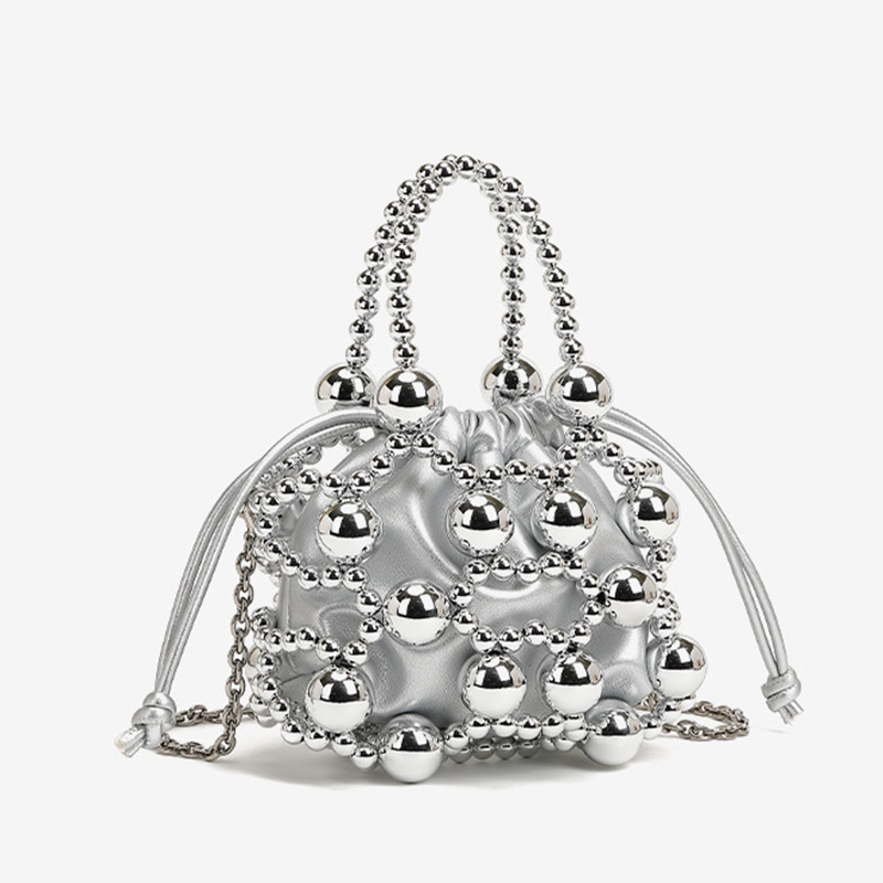 Women's Acrylic Beaded Hollow Evening Clutch Handbag with Chain Strap