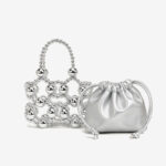 Women's Acrylic Beaded Hollow Evening Clutch Handbag with Chain Strap
