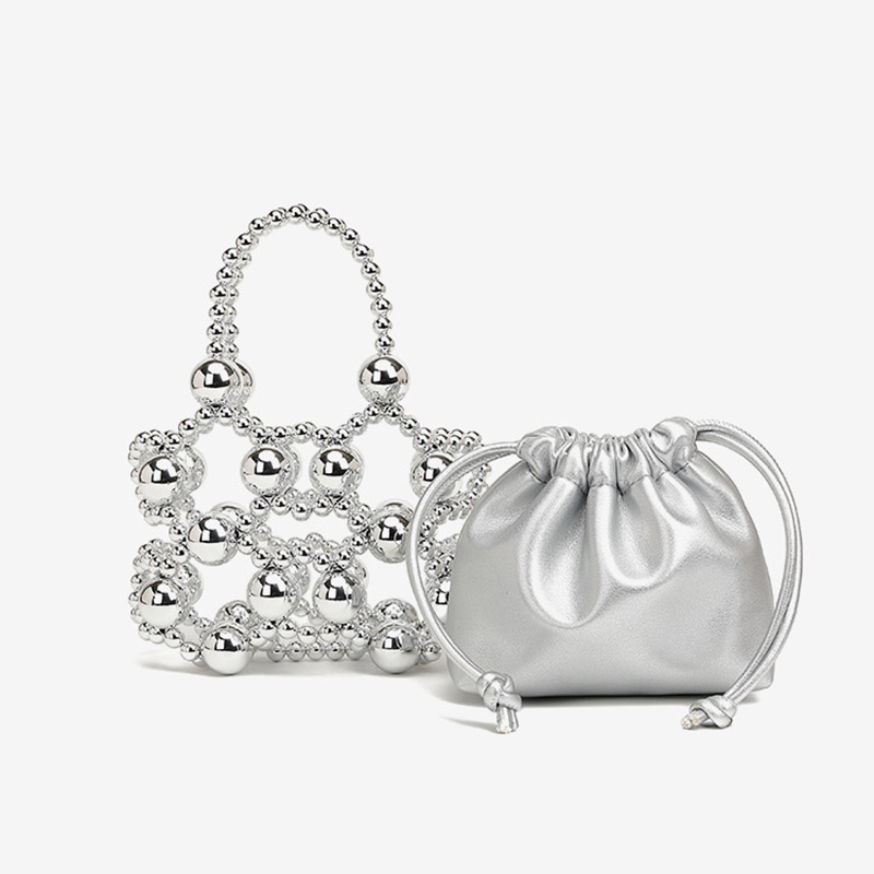 Women's Acrylic Beaded Hollow Evening Clutch Handbag with Chain Strap
