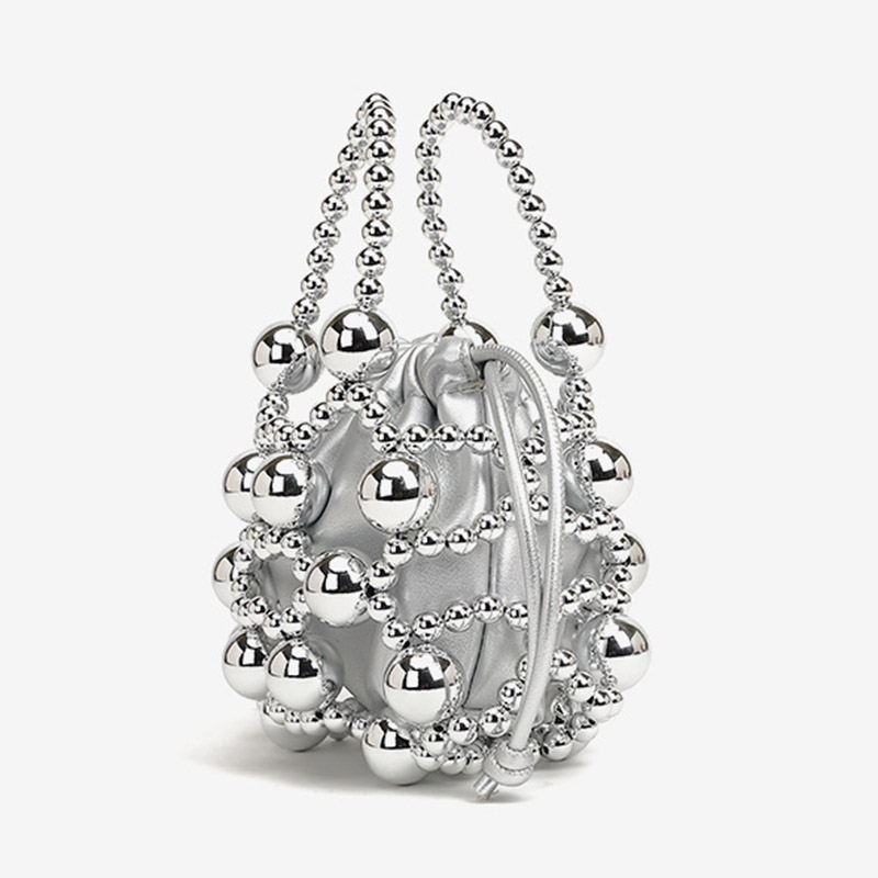 Women's Acrylic Beaded Hollow Evening Clutch Handbag with Chain Strap