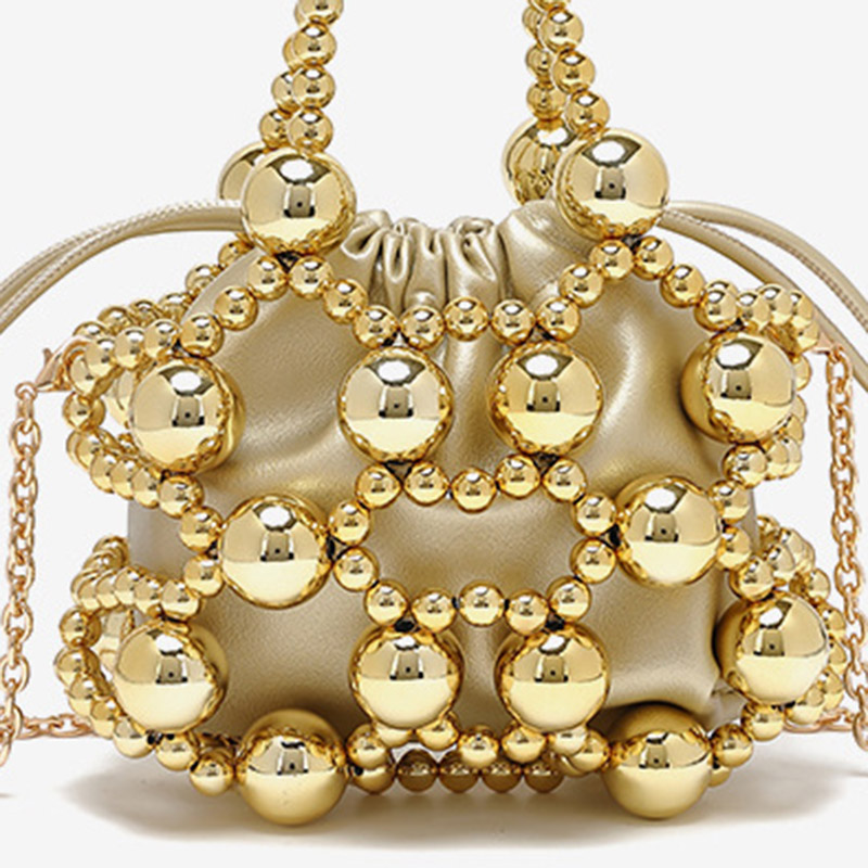 Women's Acrylic Beaded Hollow Evening Clutch Handbag with Chain Strap