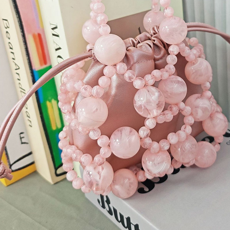 Women's Acrylic Beaded Hollow Evening Clutch Handbag with Chain Strap