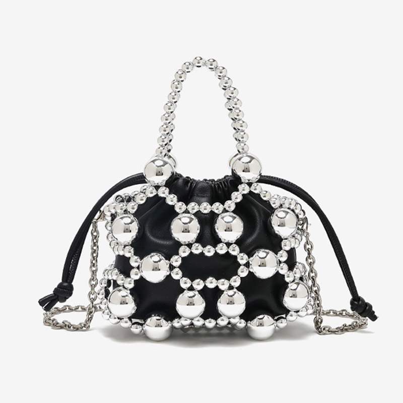 Women's Acrylic Beaded Hollow Evening Clutch Handbag with Chain Strap