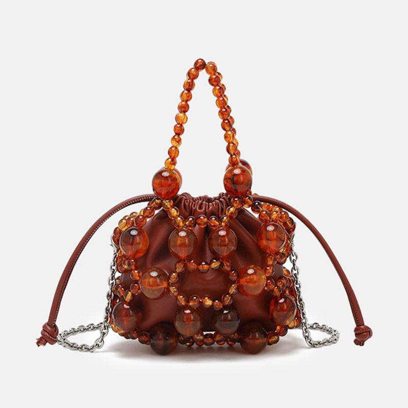 Women's Acrylic Beaded Hollow Evening Clutch Handbag with Chain Strap