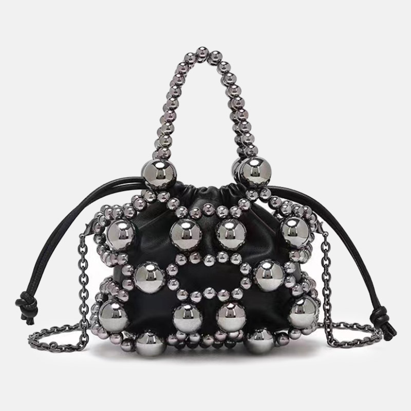 Women's Acrylic Beaded Hollow Evening Clutch Handbag with Chain Strap