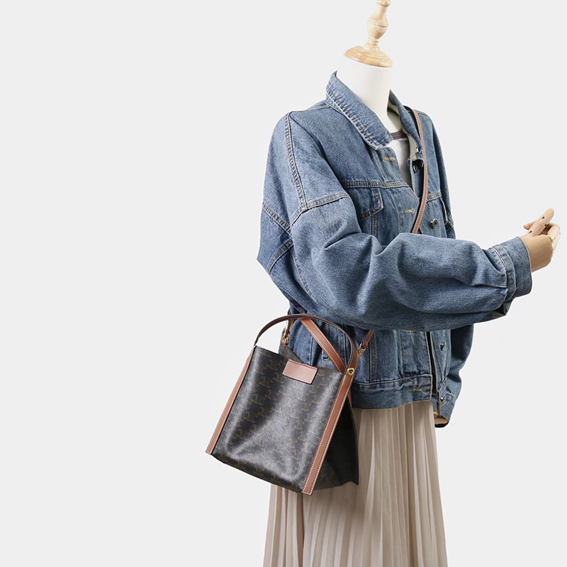 Femmes Noir Imprimé Cuir Véritable Vintage Crossbody Shoulder Bucket Handbag