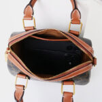 Women's Black Printed Leather Zip Boston Top Handle Bag With Crossbody Strap