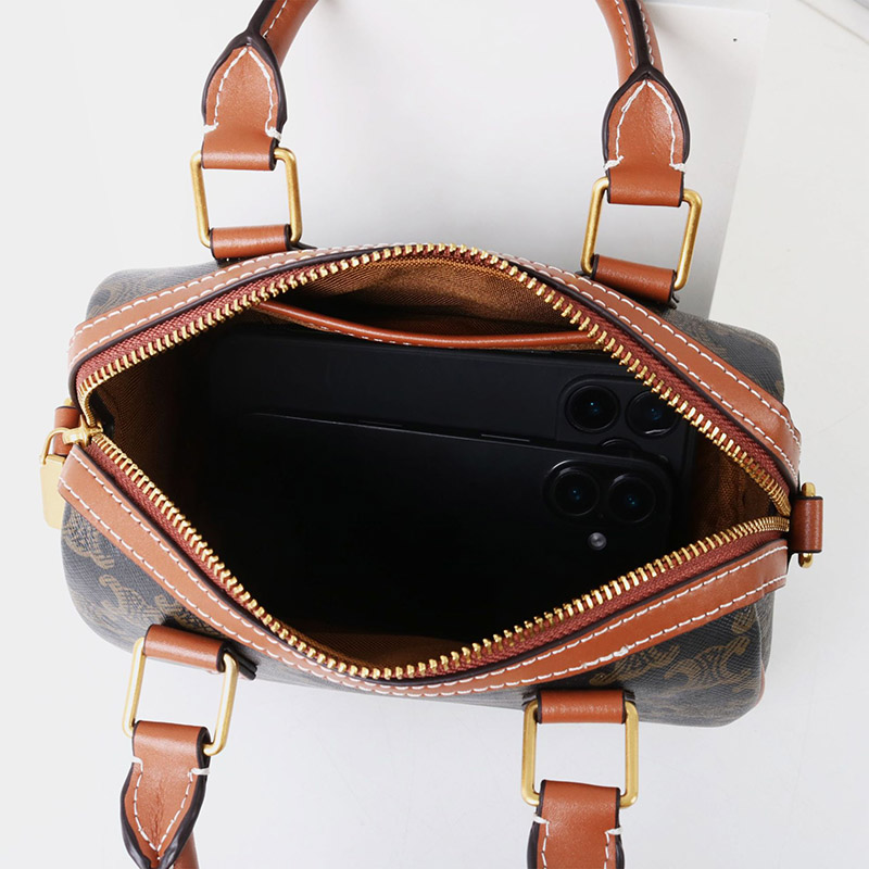 Women's Black Printed Leather Zip Boston Top Handle Bag With Crossbody Strap