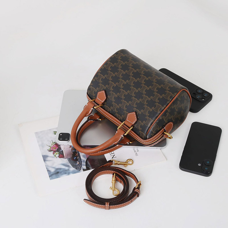 Women's Black Printed Leather Zip Boston Top Handle Bag With Crossbody Strap
