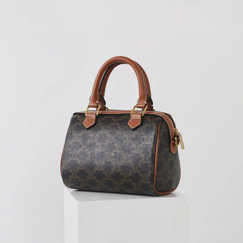 Women's Black Printed Leather Zip Boston Top Handle Bag With Crossbody Strap