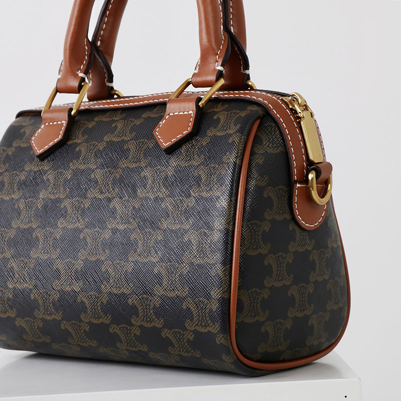 Women's Black Printed Leather Zip Boston Top Handle Bag With Crossbody Strap
