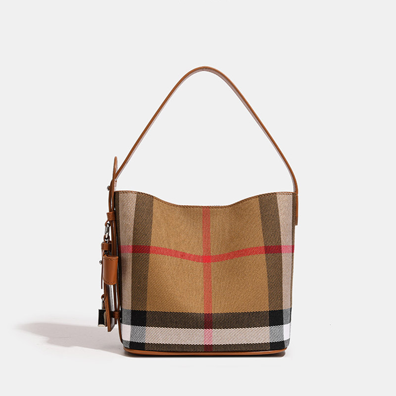Women's Brown Plaid Fabric Bows Lock Detail Shoulder Bucket Bag