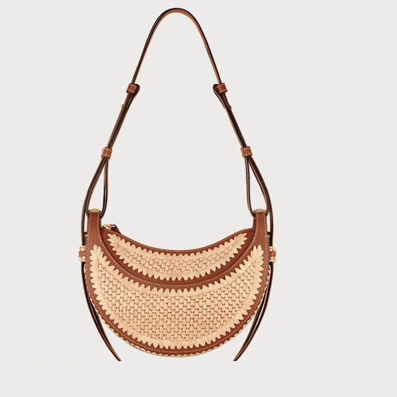 Women's Brown Woven Straw Zipper Closure Crescent Saddle Shoulder Bag with Leather Trim