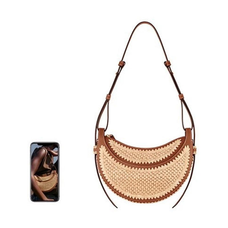 Women's Brown Woven Straw Zipper Closure Crescent Saddle Shoulder Bag with Leather Trim