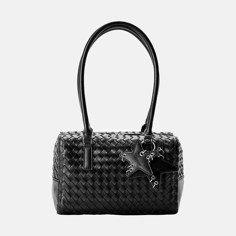 Women's Cowhide Leather Woven Pillow Shoulder Bag With Star Charm