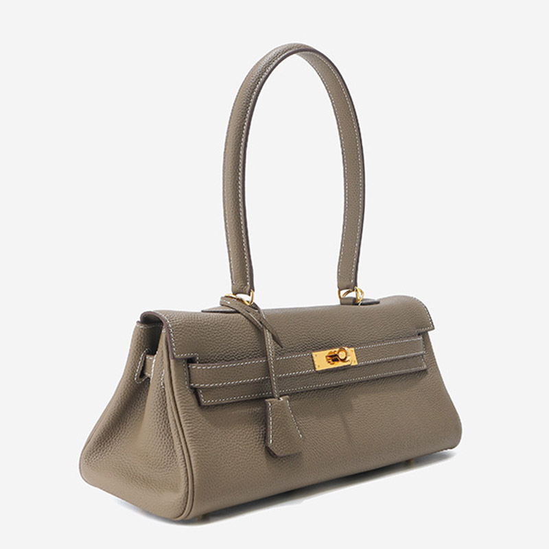 Women's Full-Grain Cowhide Leather Horizontal Crossbody Strap Top Handle Shoulder Bag With Gold Hardware