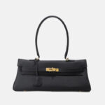 Women's Full-Grain Cowhide Leather Horizontal Crossbody Strap Top Handle Shoulder Bag With Gold Hardware