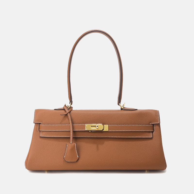 Women's Full-Grain Cowhide Leather Horizontal Crossbody Strap Top Handle Shoulder Bag With Gold Hardware