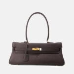 Women's Full-Grain Cowhide Leather Horizontal Crossbody Strap Top Handle Shoulder Bag With Gold Hardware