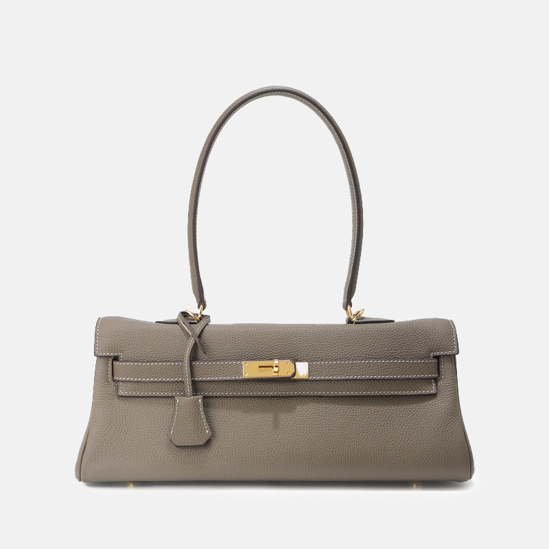 Women's Full-Grain Cowhide Leather Horizontal Crossbody Strap Top Handle Shoulder Bag With Gold Hardware