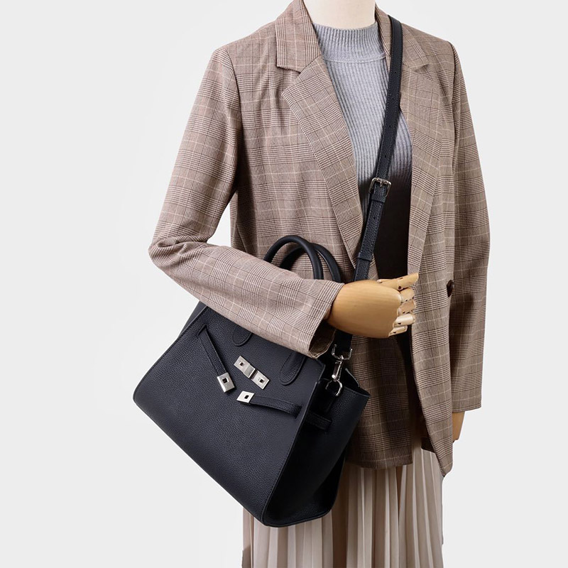 Women's Full-Grain Leather Drawstring Buckle Satchel Handbag with Crossbody Strap