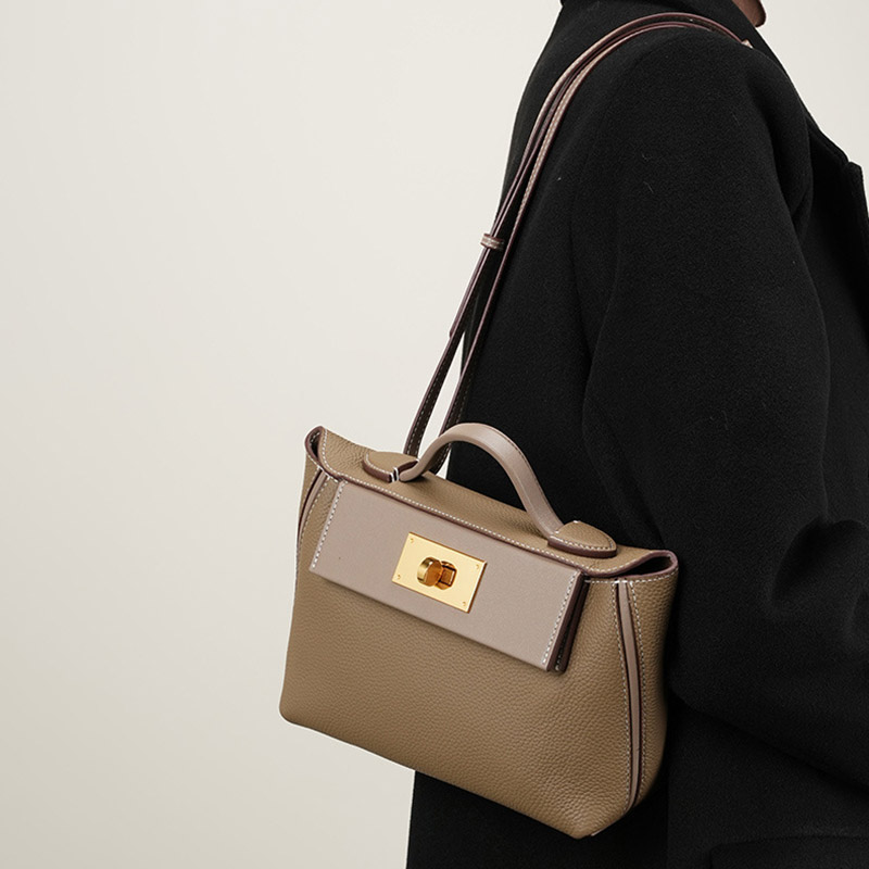 Sac à main en cuir pleine fleur avec fermeture Twist Lock et bandoulière pour femmes