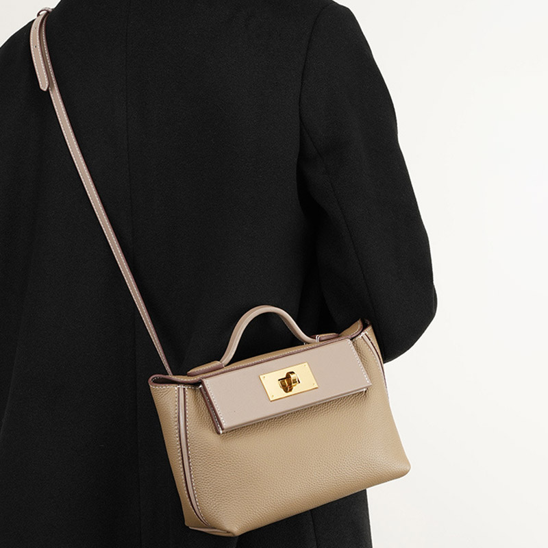 Sac à main en cuir pleine fleur avec fermeture Twist Lock et bandoulière pour femmes