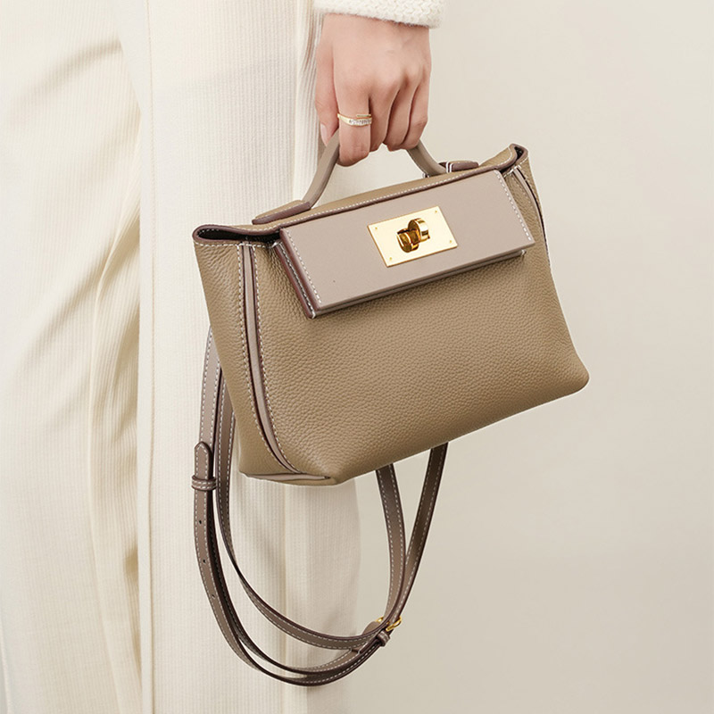 Sac à main en cuir pleine fleur avec fermeture Twist Lock et bandoulière pour femmes