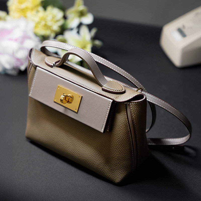 Sac à main en cuir pleine fleur avec fermeture Twist Lock et bandoulière pour femmes