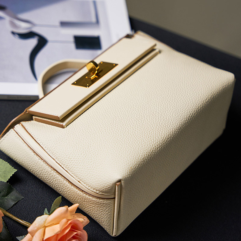 Sac à main en cuir pleine fleur avec fermeture Twist Lock et bandoulière pour femmes