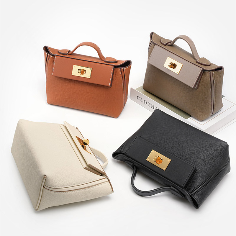 Sac à main en cuir pleine fleur avec fermeture Twist Lock et bandoulière pour femmes