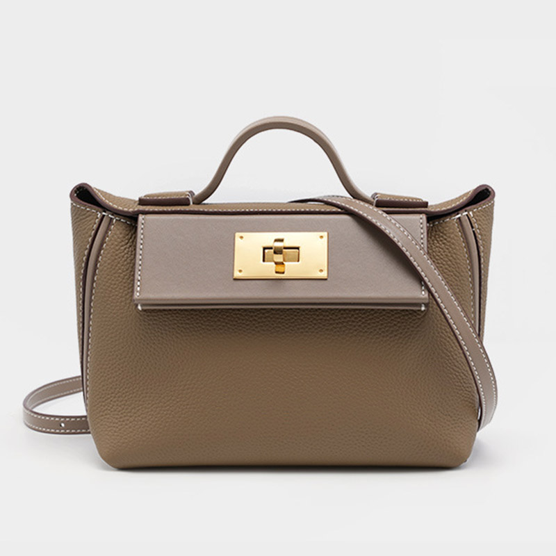 Women's Full-Grain Leather Flap Twist Lock Closure Top Handle Bag With Crossbody Shoulder Strap