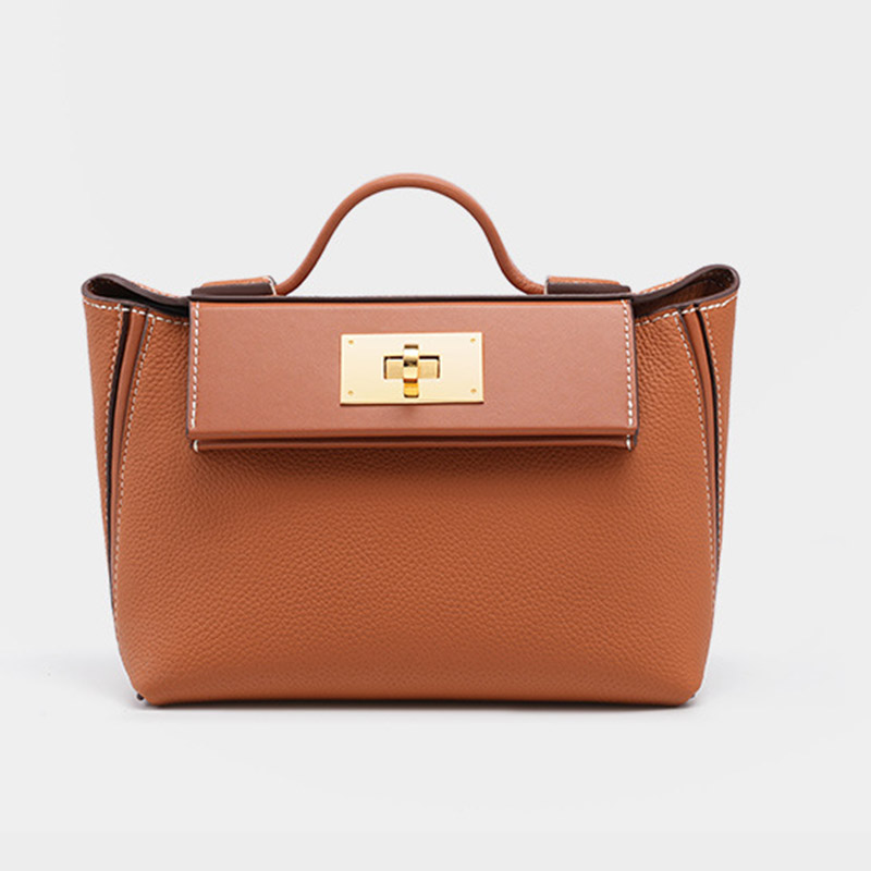 Sac à main en cuir pleine fleur avec fermeture Twist Lock et bandoulière pour femmes