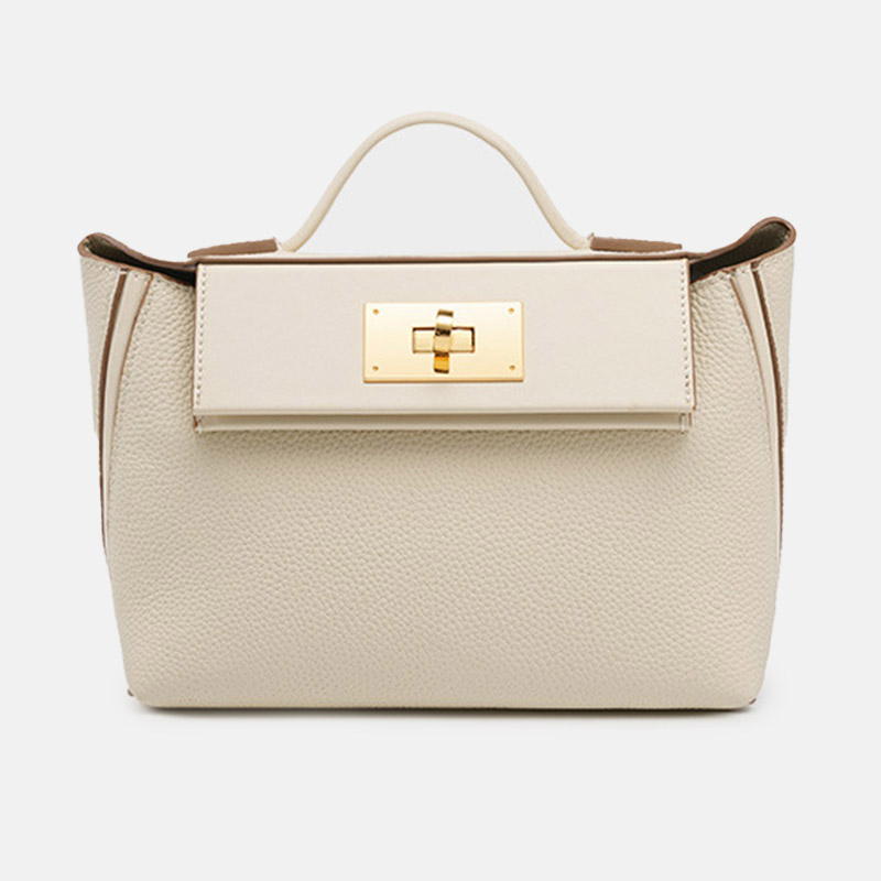 Sac à main en cuir pleine fleur avec fermeture Twist Lock et bandoulière pour femmes
