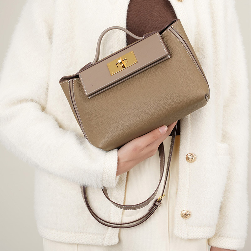 Sac à main en cuir pleine fleur avec fermeture Twist Lock et bandoulière pour femmes