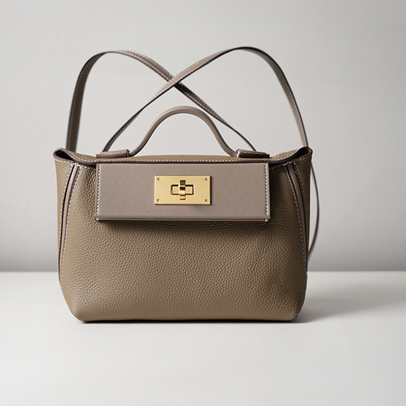 Sac à main en cuir pleine fleur avec fermeture Twist Lock et bandoulière pour femmes