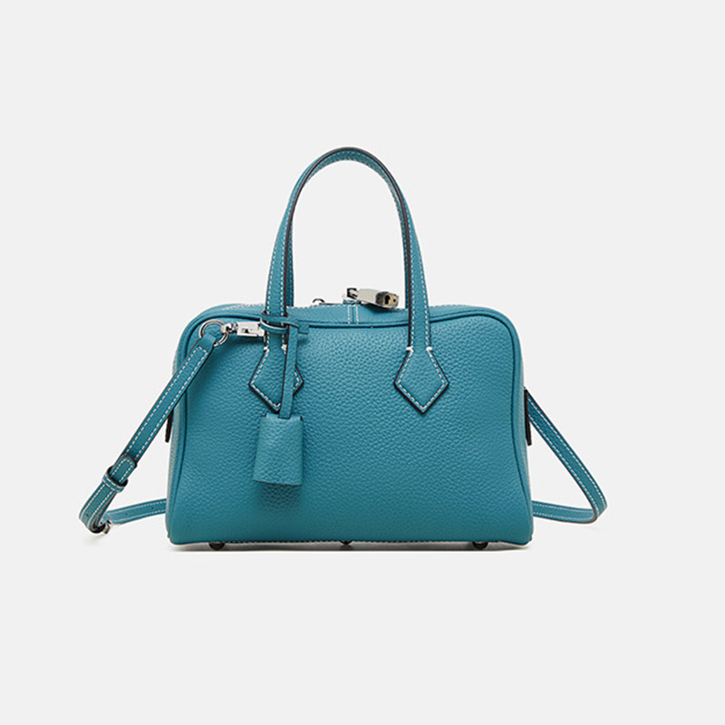 Women's Full-Grain Leather Pillow-Shaped Crossbody Shoulder Strap Handbag With Lock Detail