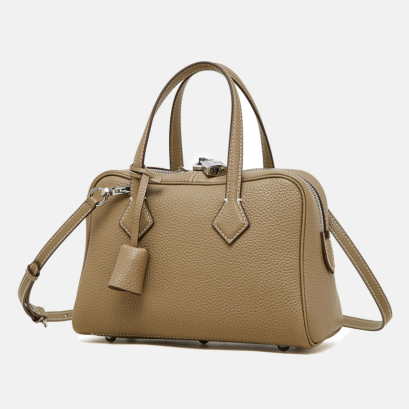 Women's Full-Grain Leather Pillow-Shaped Crossbody Shoulder Strap Handbag With Lock Detail