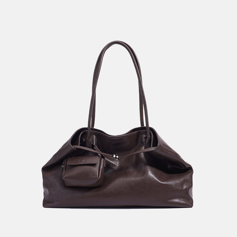 Women's Large Full-Grain Cowhide Leather Minimalist Buckle Shoulder Tote Bag With Mini Pouch