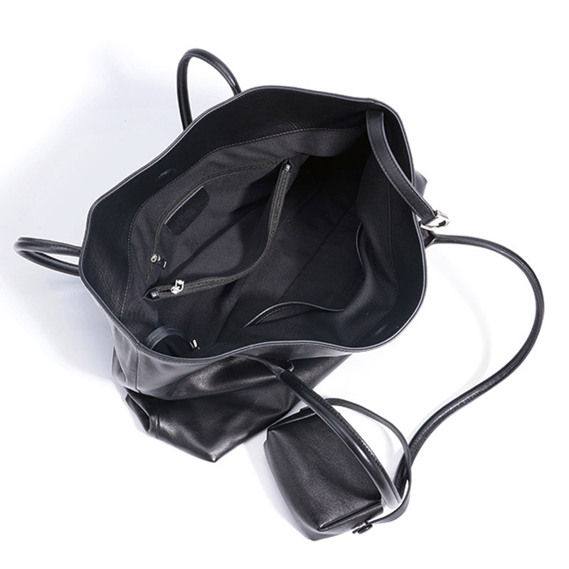 Women's Large Full-Grain Cowhide Leather Minimalist Buckle Shoulder Tote Bag With Mini Pouch