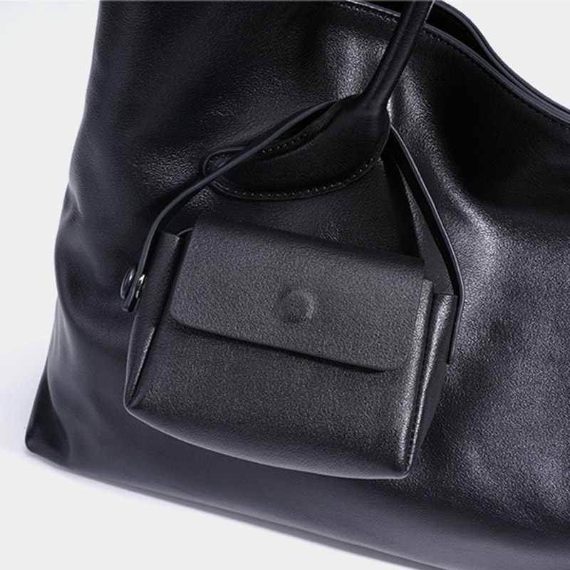 Women's Large Full-Grain Cowhide Leather Minimalist Buckle Shoulder Tote Bag With Mini Pouch