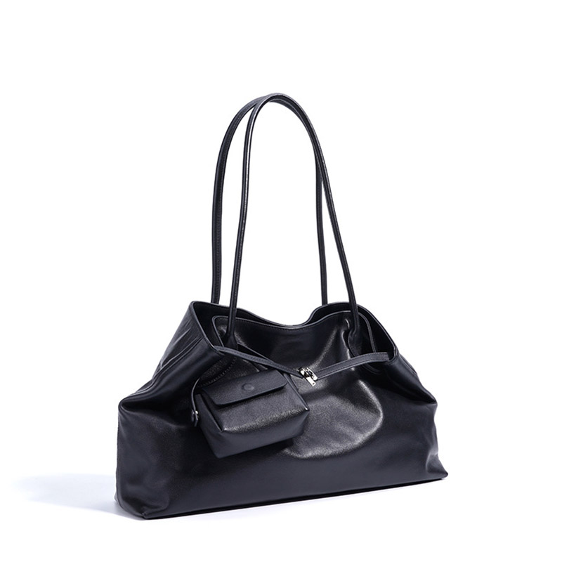 Women's Large Full-Grain Cowhide Leather Minimalist Buckle Shoulder Tote Bag With Mini Pouch