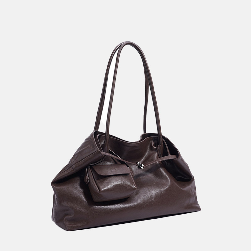 Women's Large Full-Grain Cowhide Leather Minimalist Buckle Shoulder Tote Bag With Mini Pouch