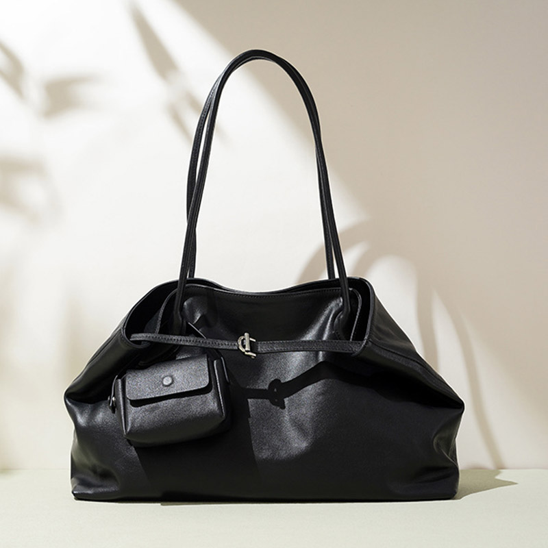 Women's Large Full-Grain Cowhide Leather Minimalist Buckle Shoulder Tote Bag With Mini Pouch