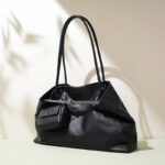 Women's Large Full-Grain Cowhide Leather Minimalist Buckle Shoulder Tote Bag With Mini Pouch
