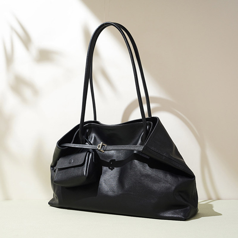 Women's Large Full-Grain Cowhide Leather Minimalist Buckle Shoulder Tote Bag With Mini Pouch