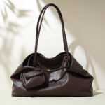 Women's Large Full-Grain Cowhide Leather Minimalist Buckle Shoulder Tote Bag With Mini Pouch